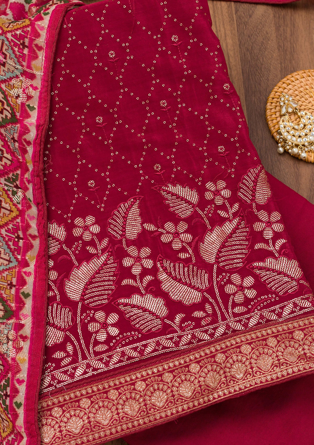 Maroon Zariwork Semi Crepe Unstitched Salwar Suit-Koskii