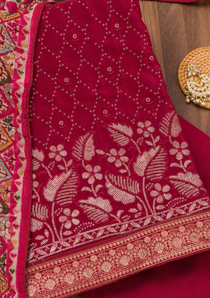 Maroon Zariwork Semi Crepe Unstitched Salwar Suit-Koskii