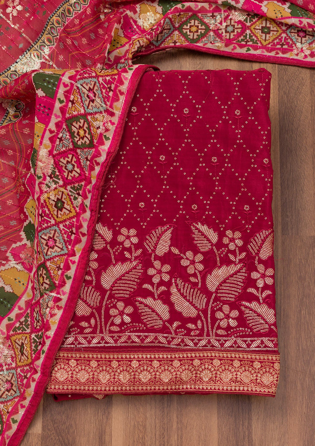 Maroon Zariwork Semi Crepe Unstitched Salwar Suit-Koskii