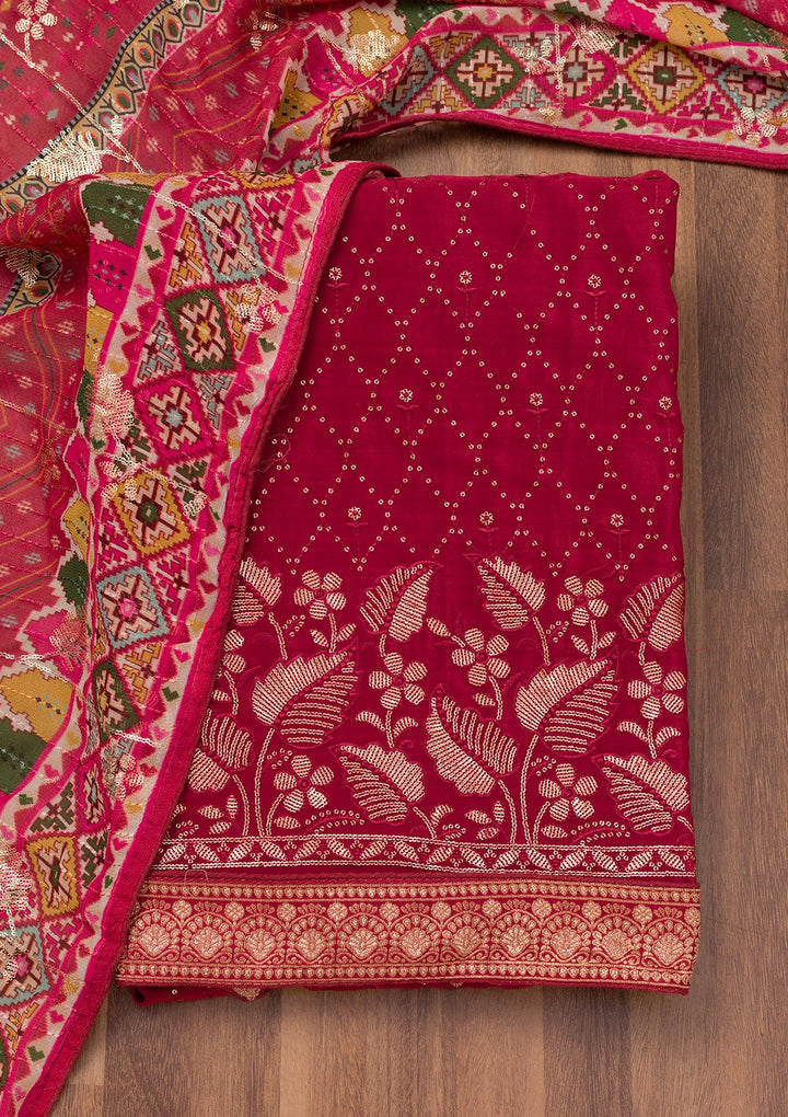 Maroon Zariwork Semi Crepe Unstitched Salwar Suit-Koskii