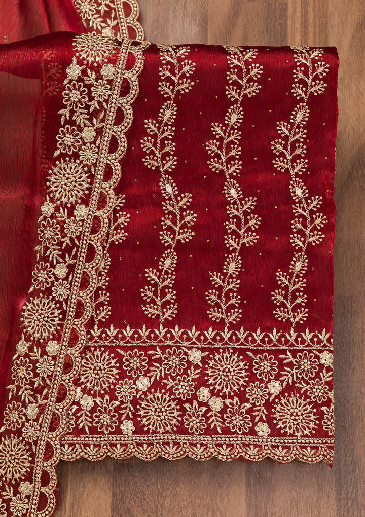 Maroon Zariwork Semi Crepe Unstitched Salwar Suit-Koskii