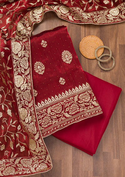 Maroon Zariwork Semi Crepe Unstitched Salwar Suit-Koskii