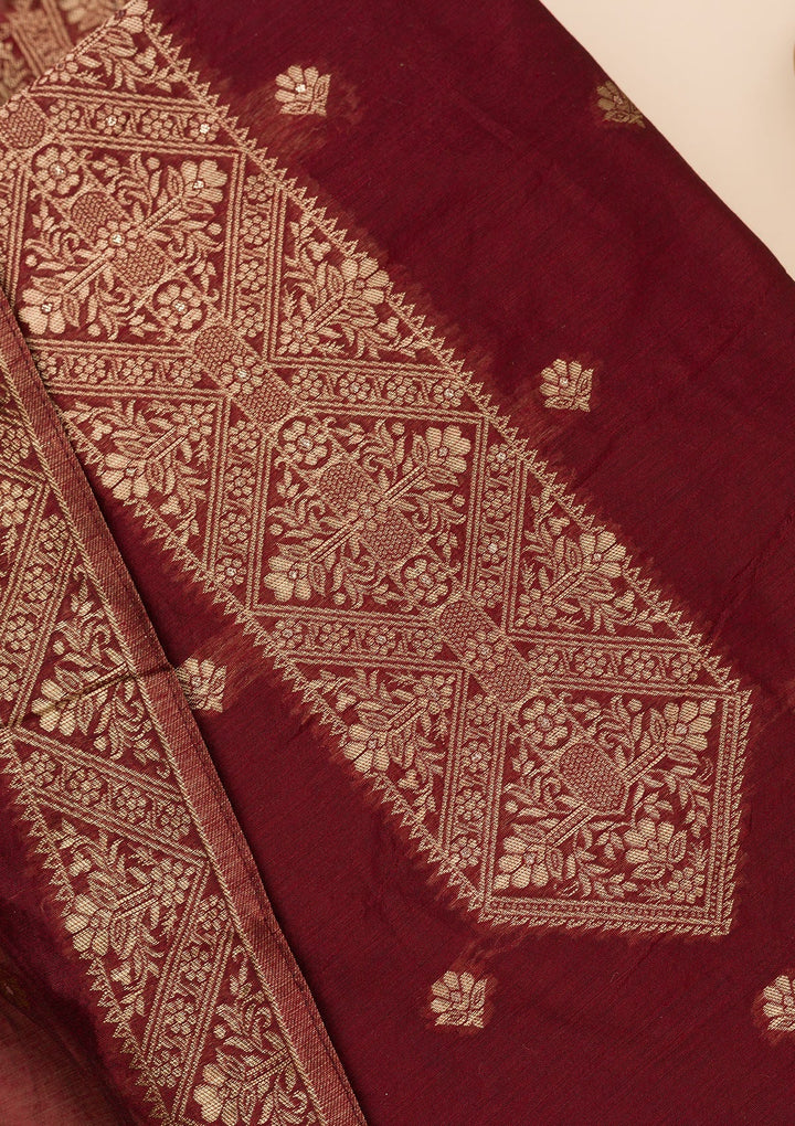 Maroon Zariwork Soft Silk Unstitched Salwar Suit-Koskii