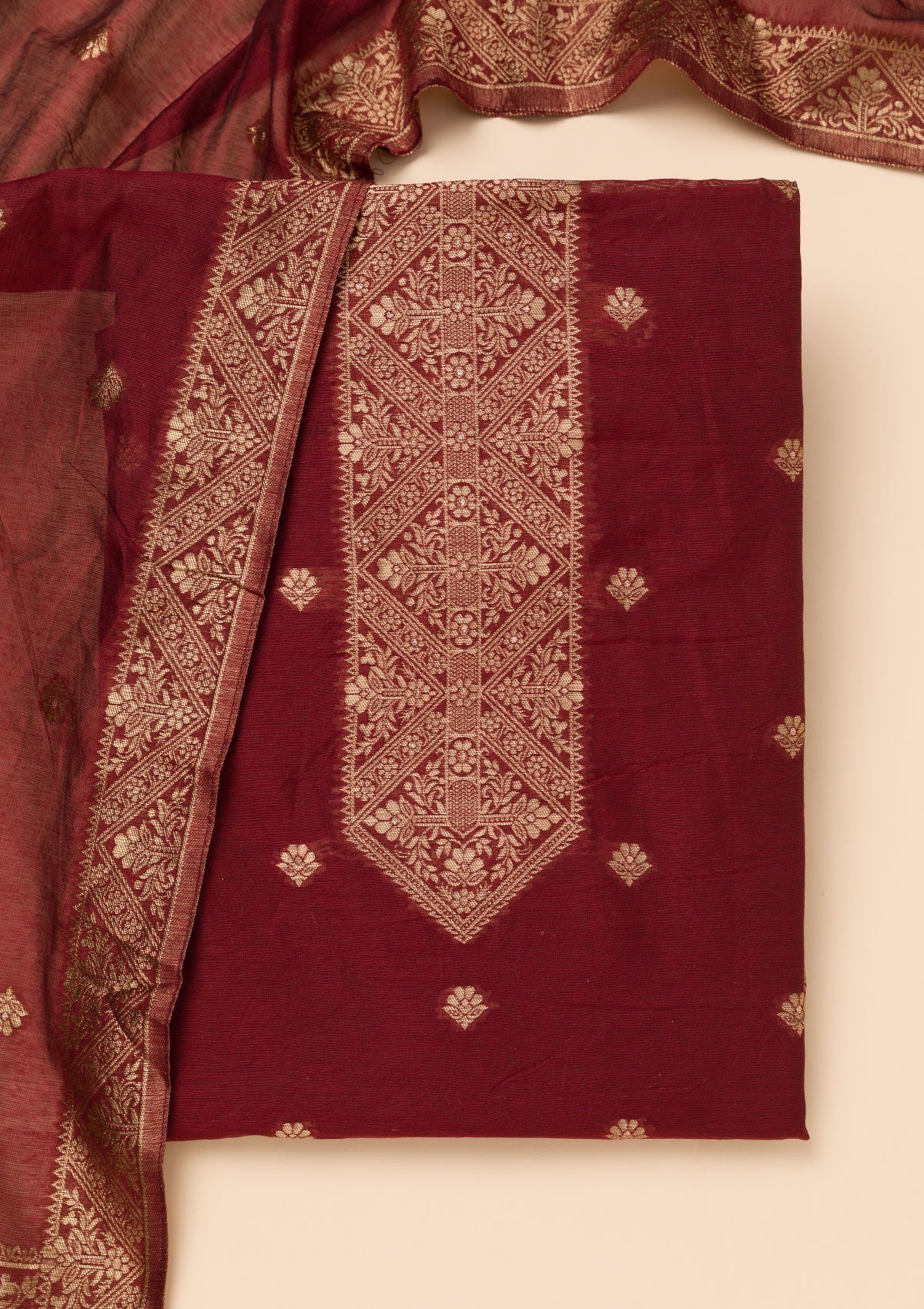 Maroon Zariwork Soft Silk Unstitched Salwar Suit-Koskii