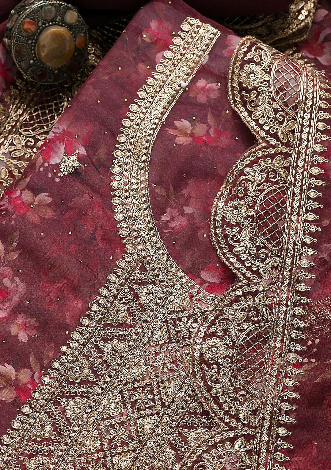 Maroon Zariwork Tissue Unstitched Salwar Suit-Koskii