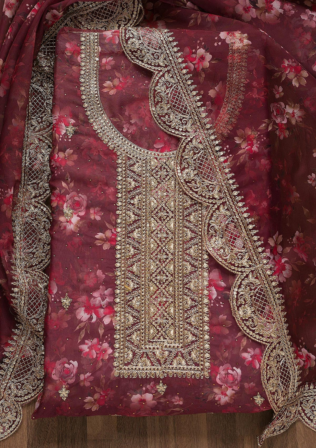 Maroon Zariwork Tissue Unstitched Salwar Suit-Koskii