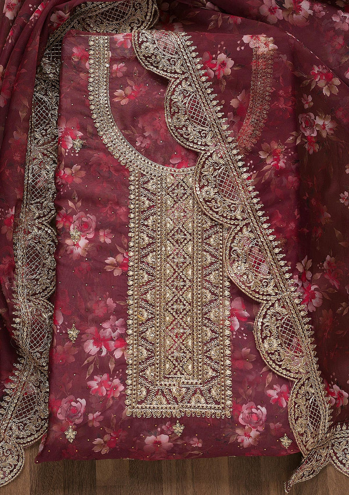 Maroon Zariwork Tissue Unstitched Salwar Suit-Koskii