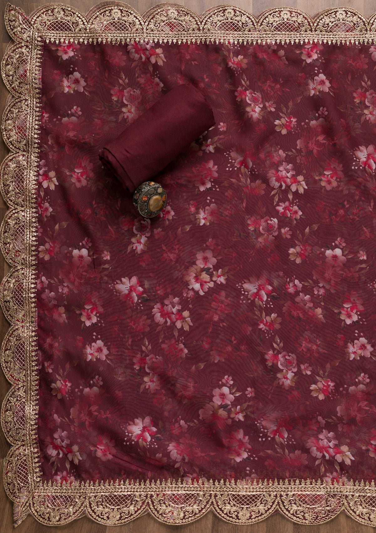 Maroon Zariwork Tissue Unstitched Salwar Suit-Koskii