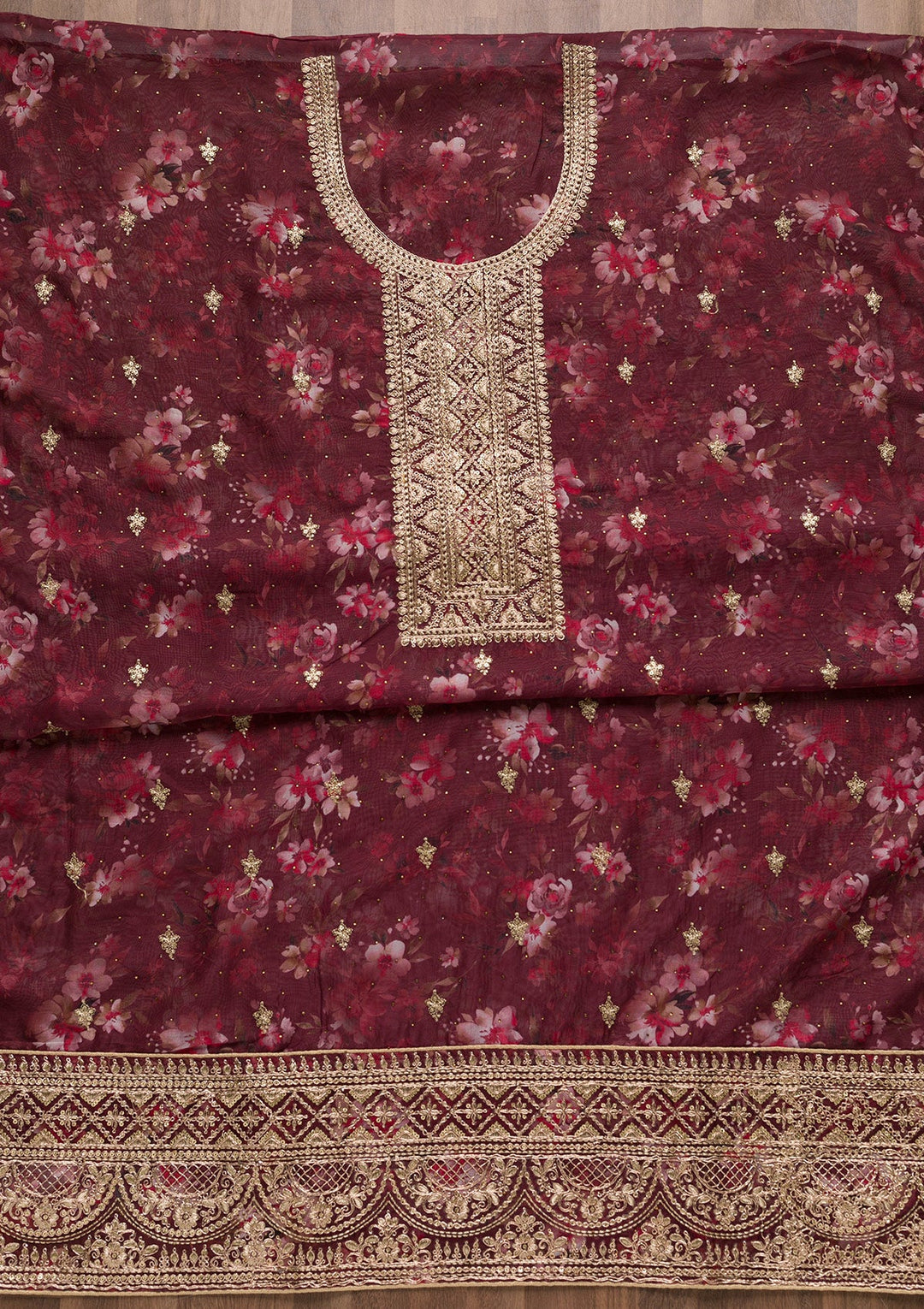 Maroon Zariwork Tissue Unstitched Salwar Suit-Koskii