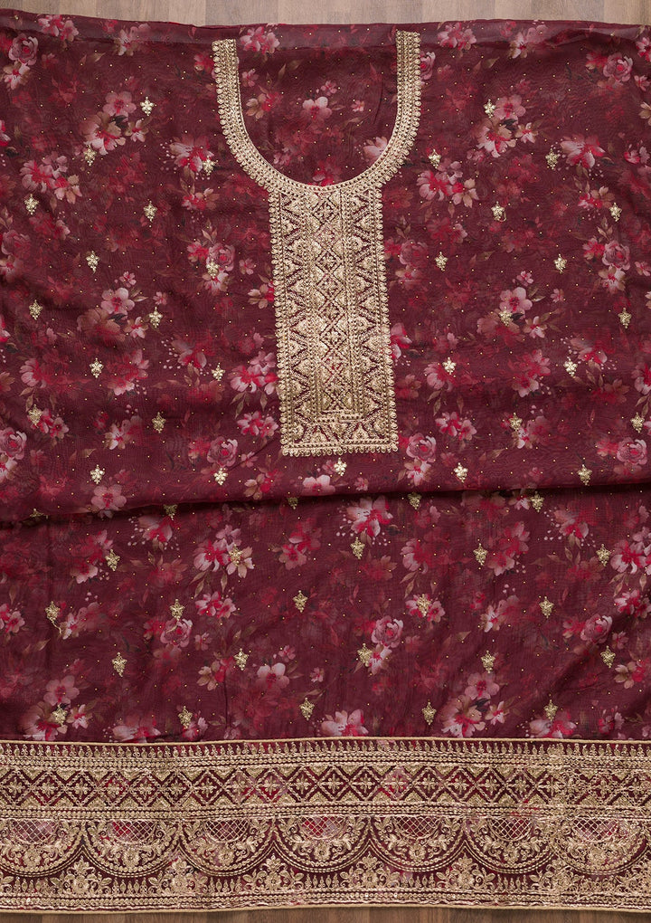 Maroon Zariwork Tissue Unstitched Salwar Suit-Koskii