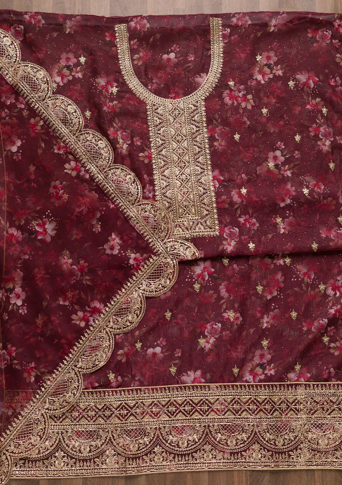 Maroon Zariwork Tissue Unstitched Salwar Suit-Koskii
