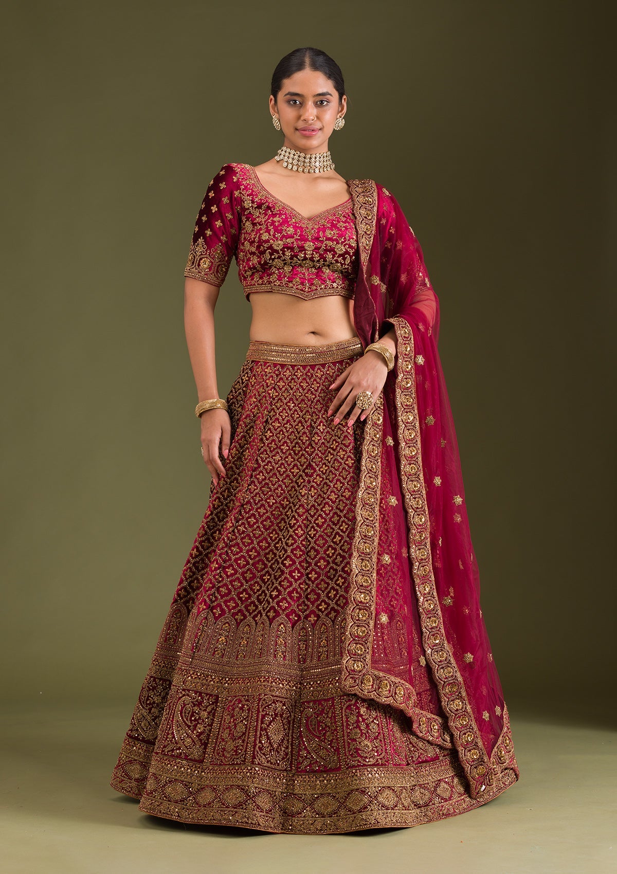 Maroon Zariwork Velvet Readymade Lehenga-Koskii