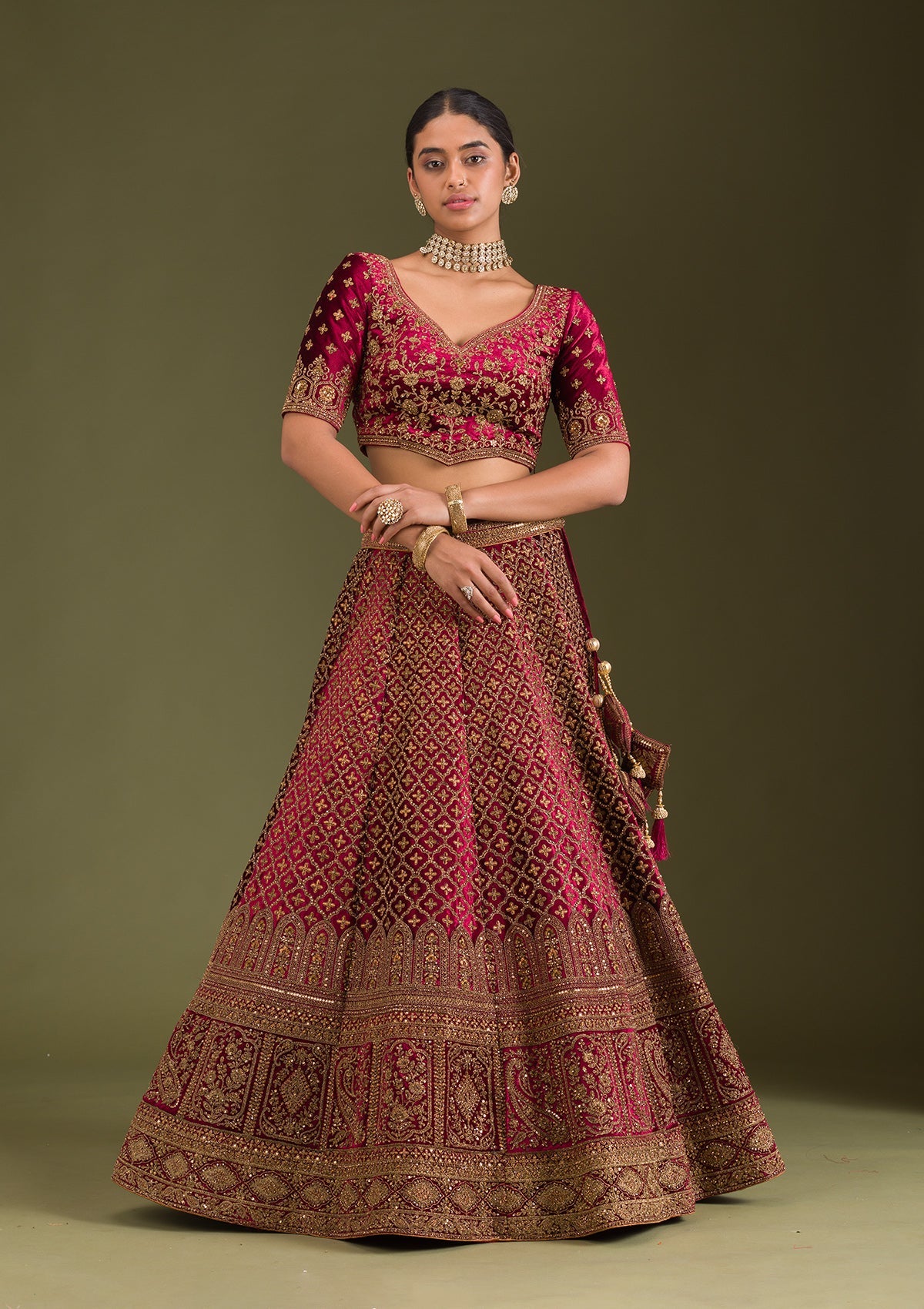 Maroon Zariwork Velvet Readymade Lehenga-Koskii