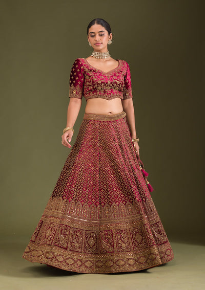 Maroon Zariwork Velvet Readymade Lehenga-Koskii