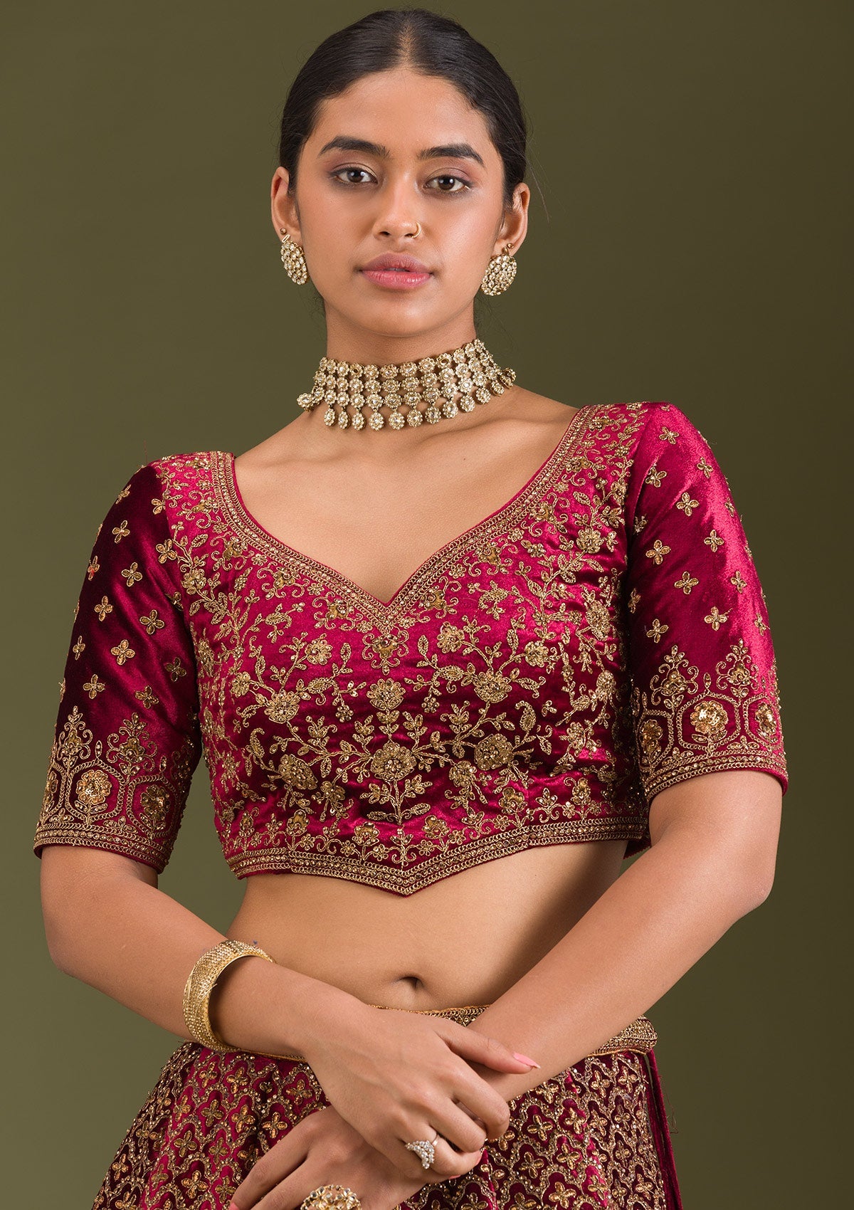 Maroon Zariwork Velvet Readymade Lehenga-Koskii