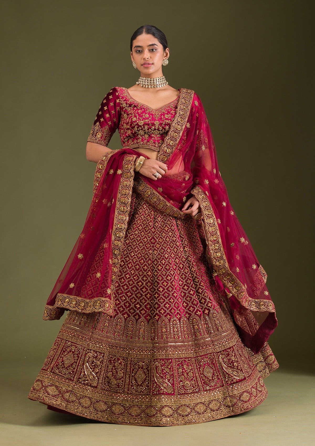 Maroon Zariwork Velvet Readymade Lehenga-Koskii