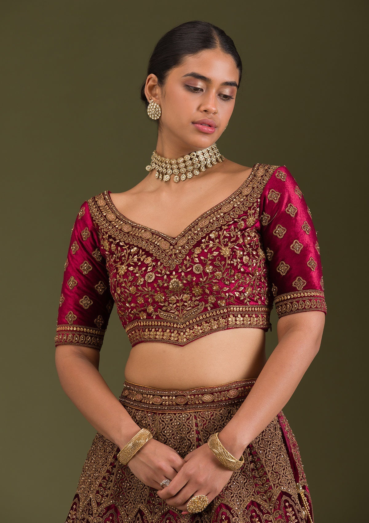 Maroon Zariwork Velvet Readymade Lehenga-Koskii