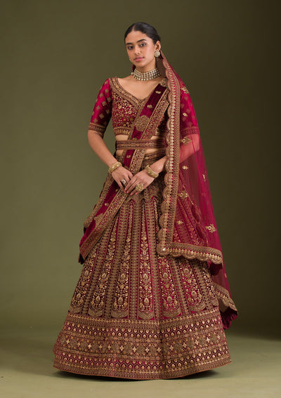 Maroon Zariwork Velvet Readymade Lehenga-Koskii