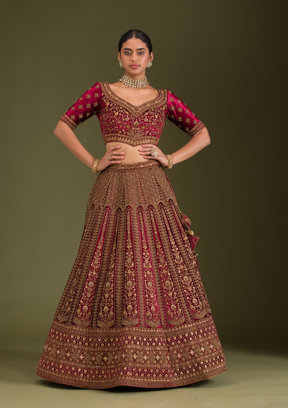 Maroon Zariwork Velvet Readymade Lehenga-Koskii