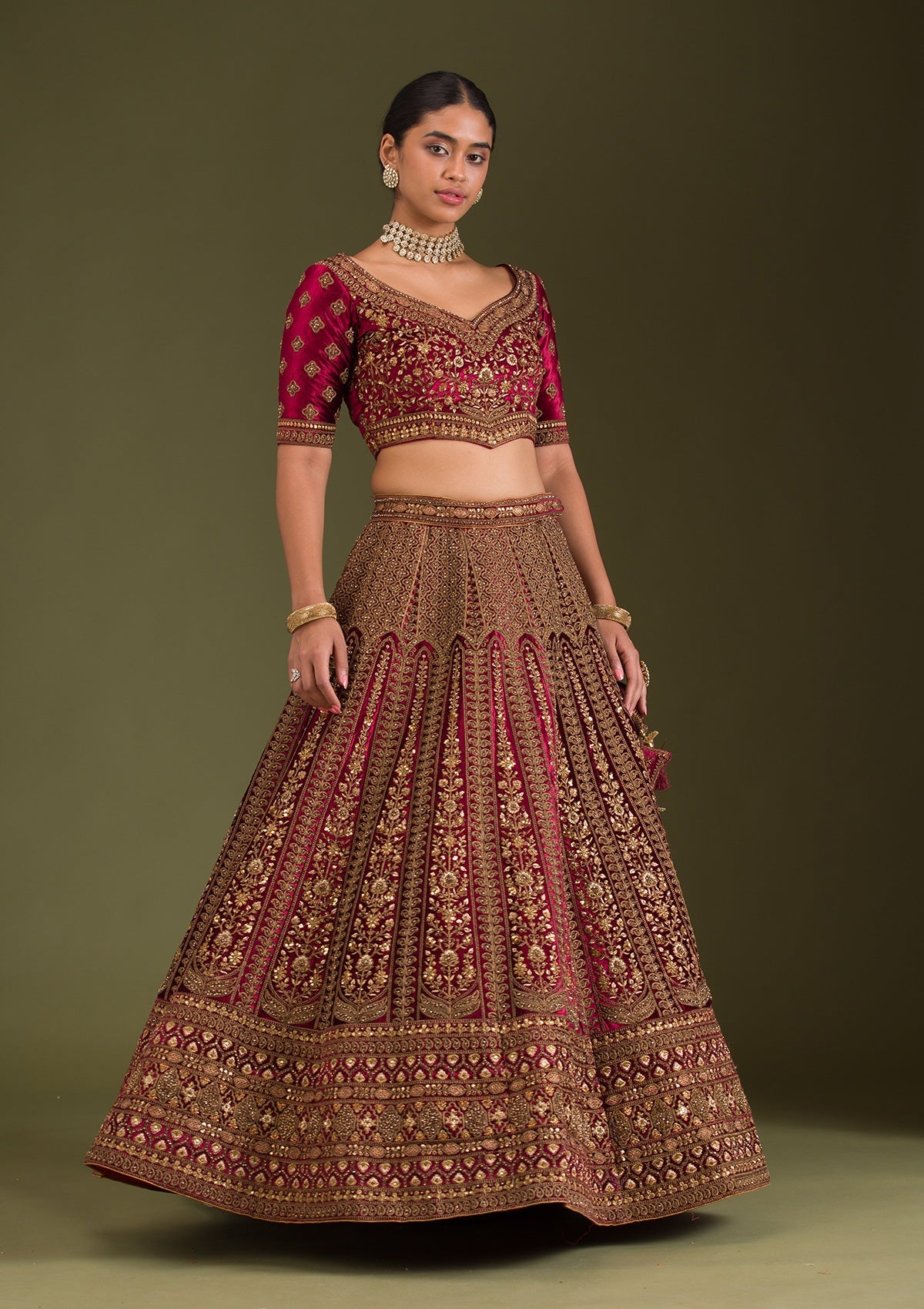 Maroon Zariwork Velvet Readymade Lehenga-Koskii