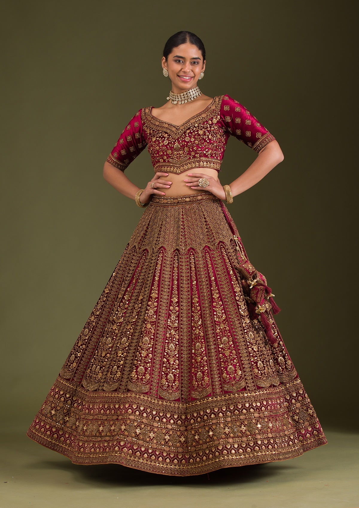 Maroon Zariwork Velvet Readymade Lehenga-Koskii