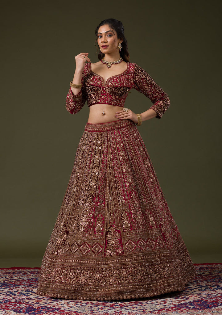 Maroon Zariwork Velvet Readymade Lehenga-Koskii