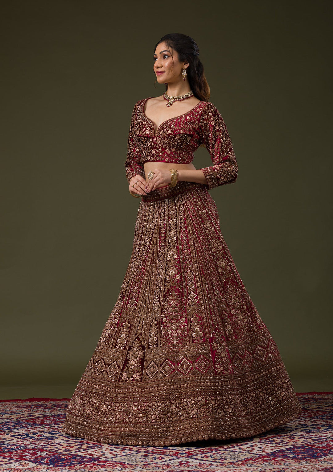 Maroon Zariwork Velvet Readymade Lehenga-Koskii