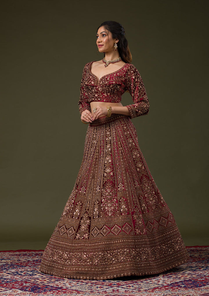 Maroon Zariwork Velvet Readymade Lehenga-Koskii