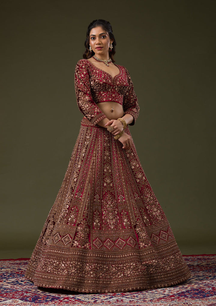 Maroon Zariwork Velvet Readymade Lehenga-Koskii