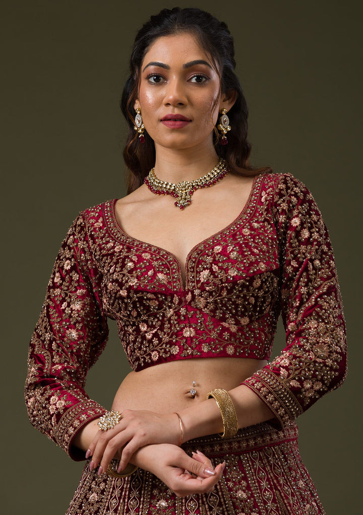 Maroon Zariwork Velvet Readymade Lehenga-Koskii