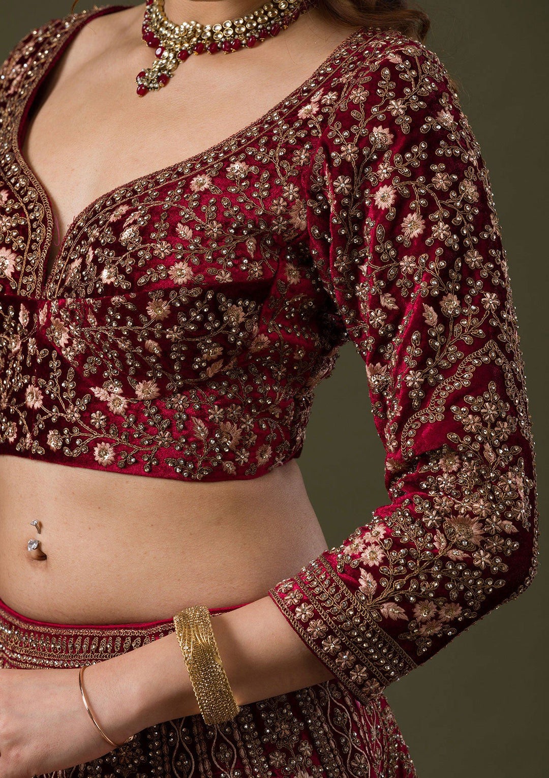 Maroon Zariwork Velvet Readymade Lehenga-Koskii
