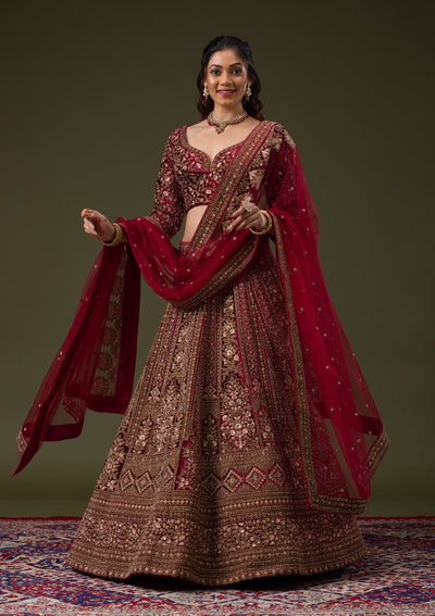 Maroon Zariwork Velvet Readymade Lehenga-Koskii