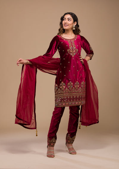 Maroon Zariwork Velvet Readymade Salwar Kameez-Koskii