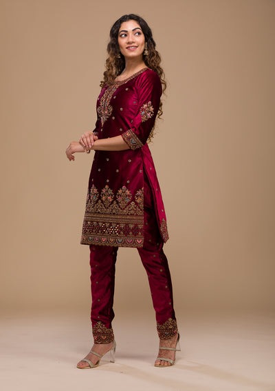 Maroon Zariwork Velvet Readymade Salwar Kameez-Koskii