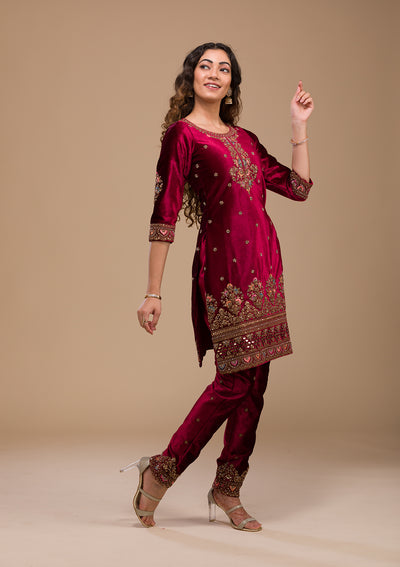 Maroon Zariwork Velvet Readymade Salwar Kameez-Koskii