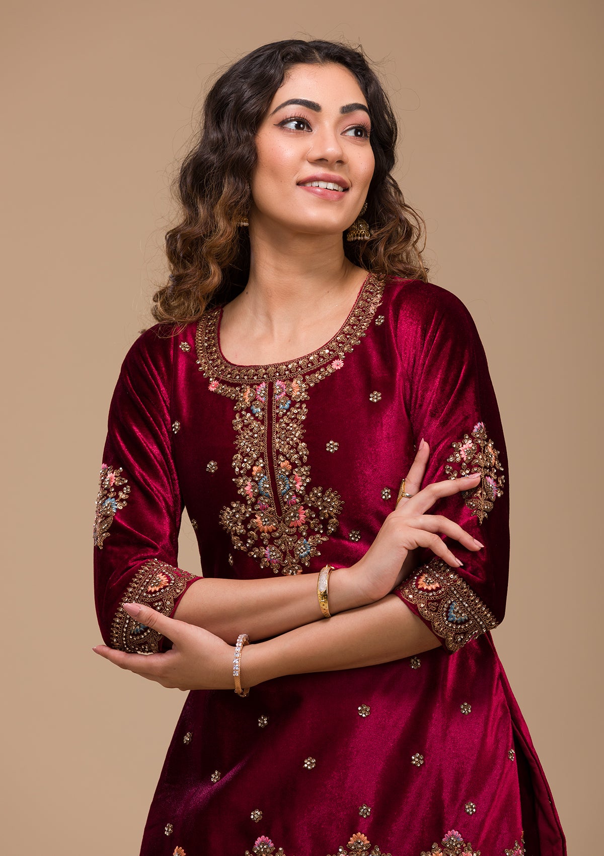 Maroon Zariwork Velvet Readymade Salwar Kameez-Koskii