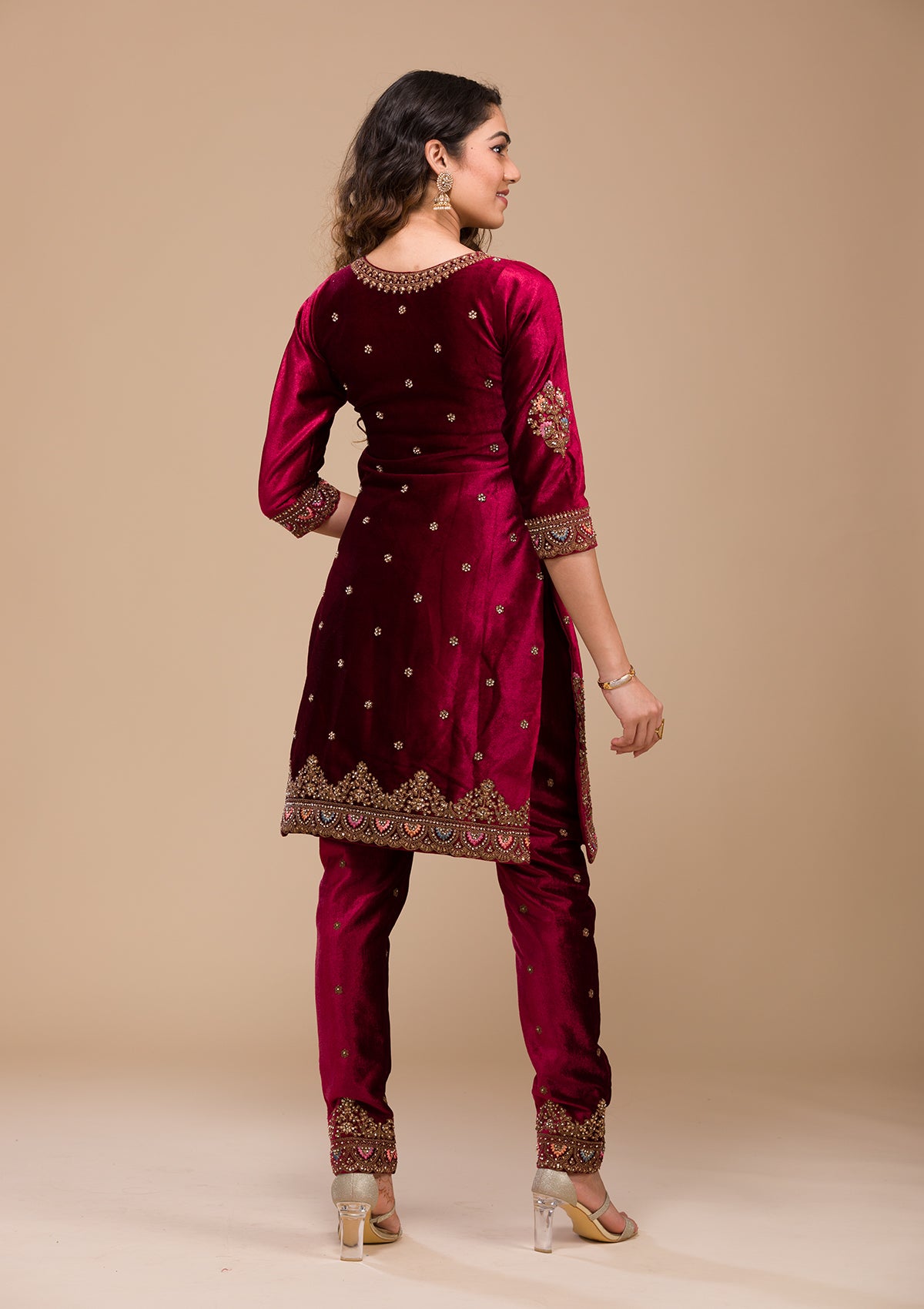 Maroon Zariwork Velvet Readymade Salwar Kameez-Koskii