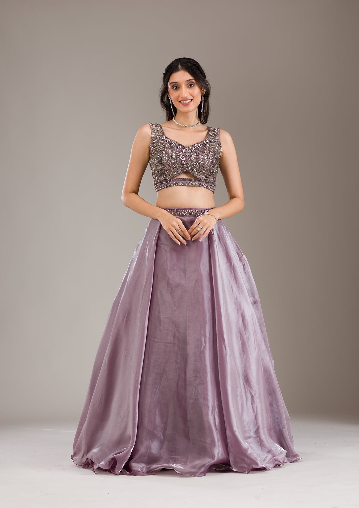 Mauve Cutdana Organza Readymade Lehenga-Koskii