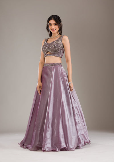 Mauve Cutdana Organza Readymade Lehenga-Koskii