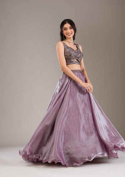 Mauve Cutdana Organza Readymade Lehenga-Koskii