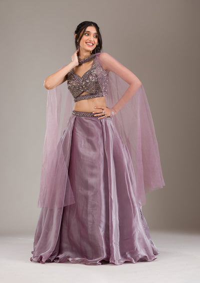 Mauve Cutdana Organza Readymade Lehenga-Koskii