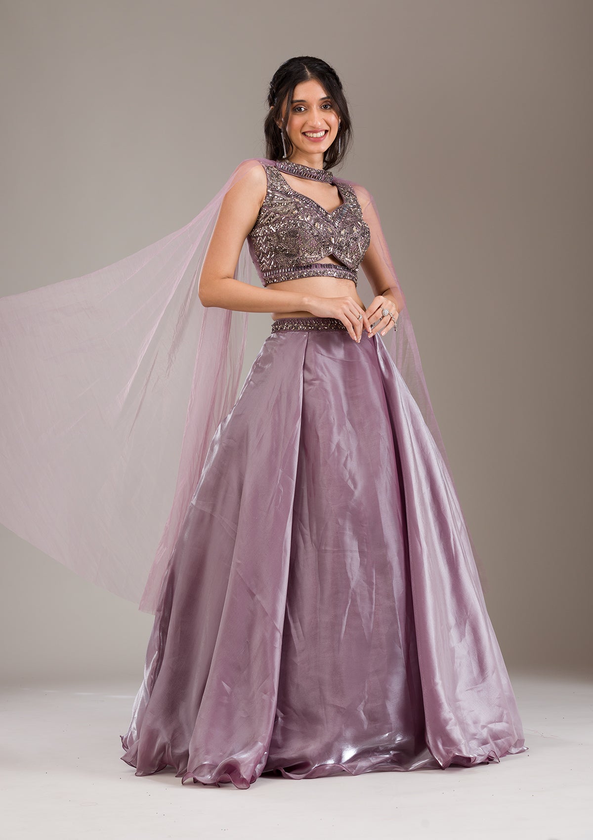 Mauve Cutdana Organza Readymade Lehenga-Koskii