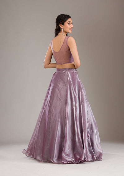 Mauve Cutdana Organza Readymade Lehenga-Koskii