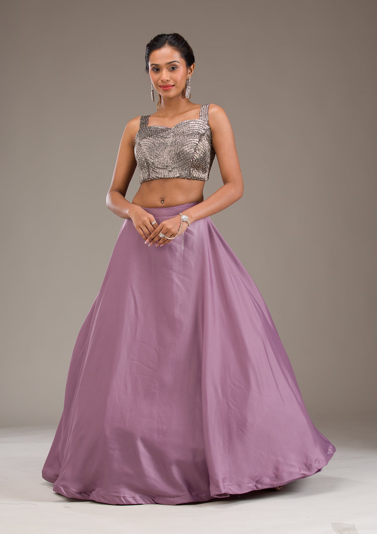 Mauve Cutdana Satin Readymade Lehenga