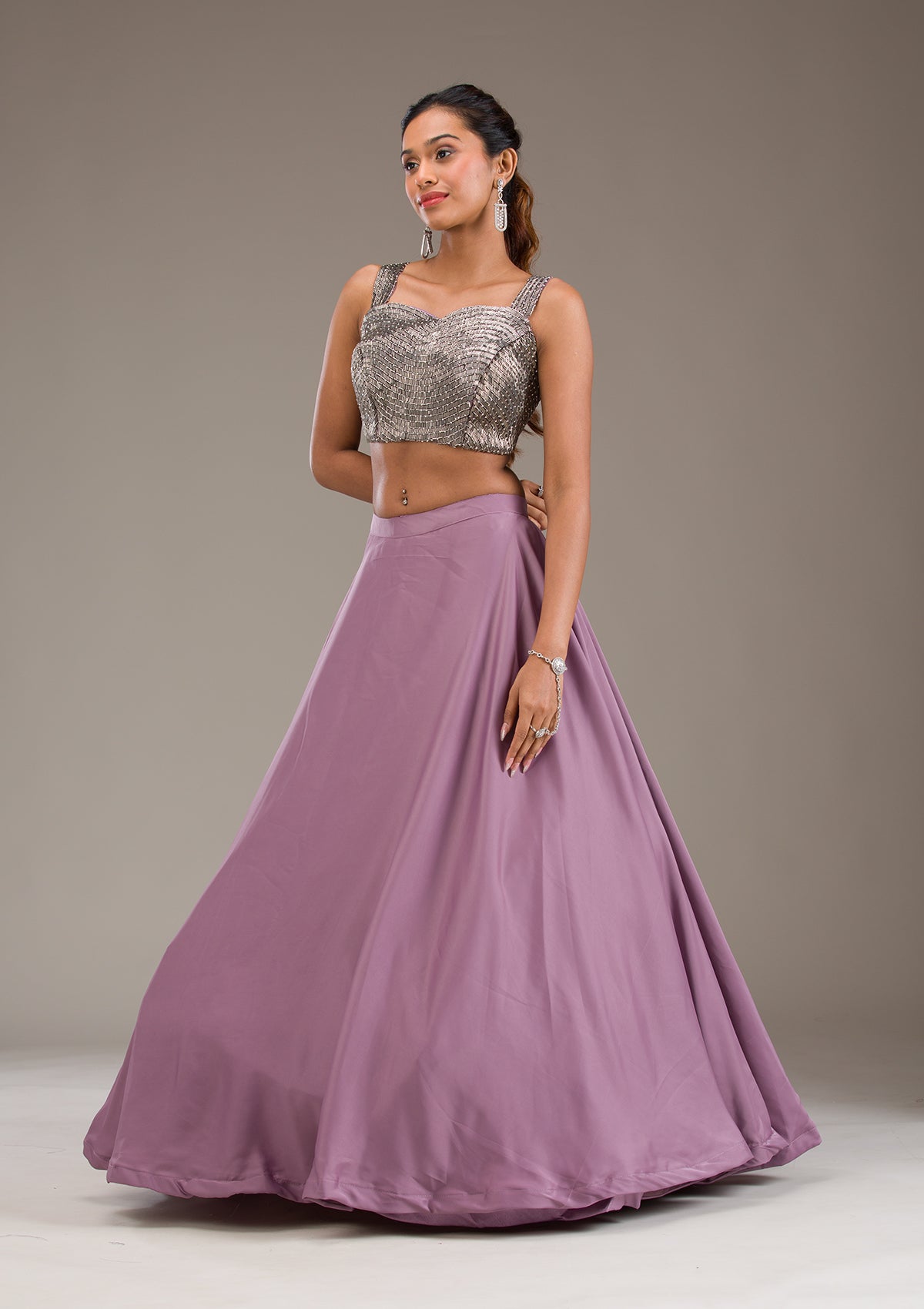 Mauve Cutdana Satin Readymade Lehenga