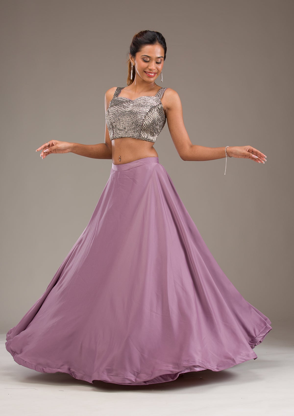 Mauve Cutdana Satin Readymade Lehenga