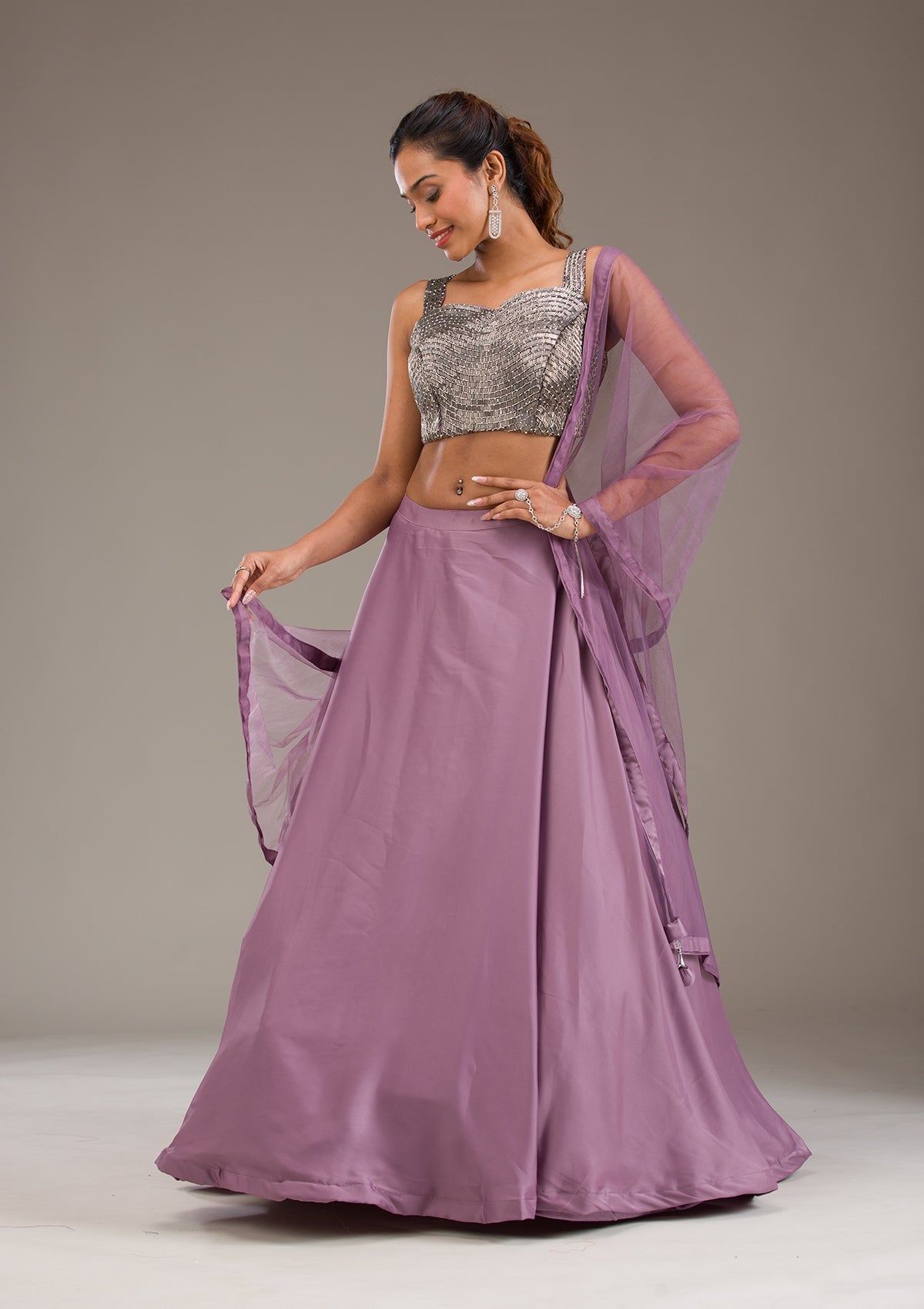 Mauve Cutdana Satin Readymade Lehenga-Koskii