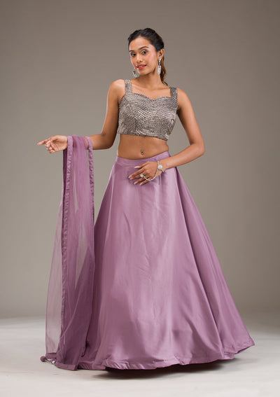 Mauve Cutdana Satin Readymade Lehenga