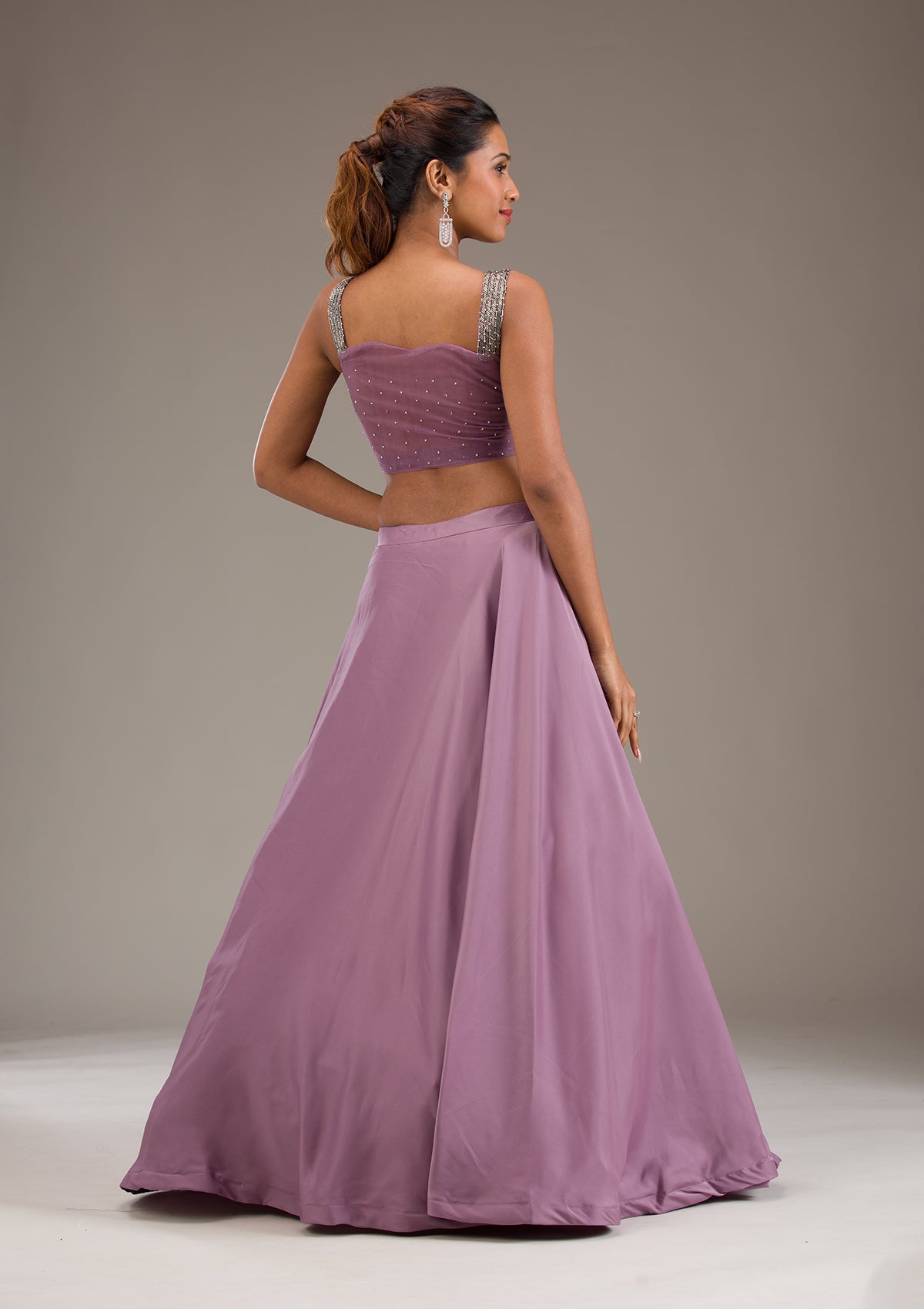 Mauve Cutdana Satin Readymade Lehenga