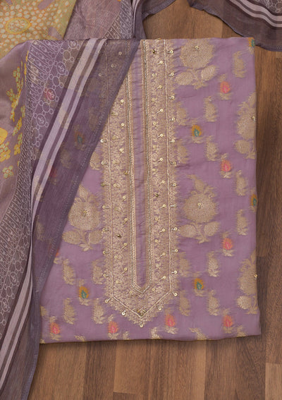 Mauve Cutdana Semi Crepe Unstitched Salwar Suit-Koskii